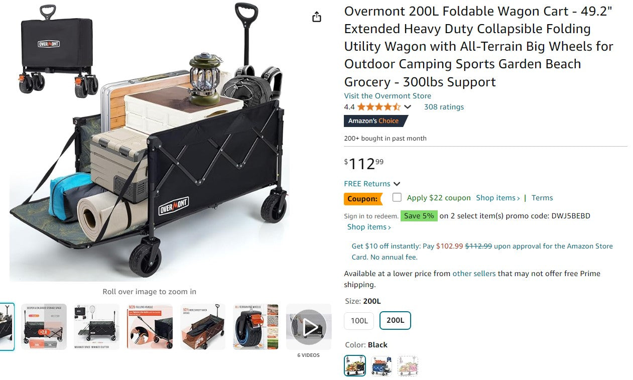 Overmont 200L Foldable Wagon Cart - 49.2" Extended Heavy Duty Collapsible Folding Utility Wagon