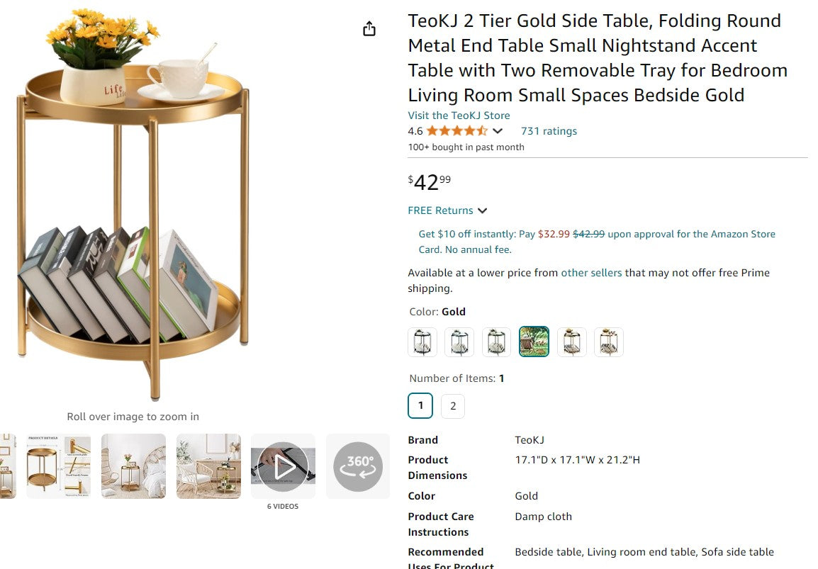 TeoKJ 2 Tier Gold Side Table, Folding Round Metal End Table Small Nightstand