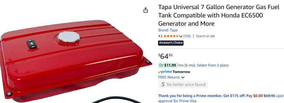 Tapa Universal 7 Gallon Generator Gas Fuel Tank Compatible with Honda EC6500