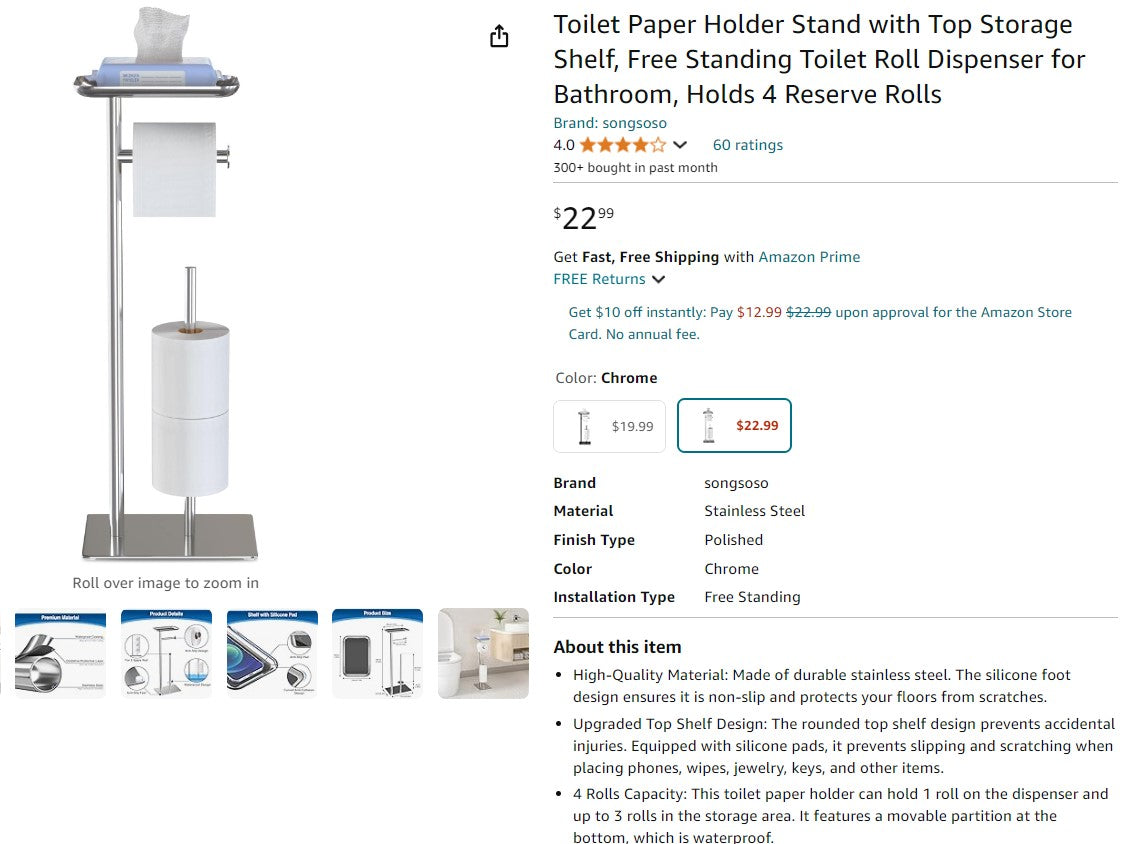 Toilet Paper Holder Stand with Top Storage Shelf, Free Standing Toilet Roll Dispenser