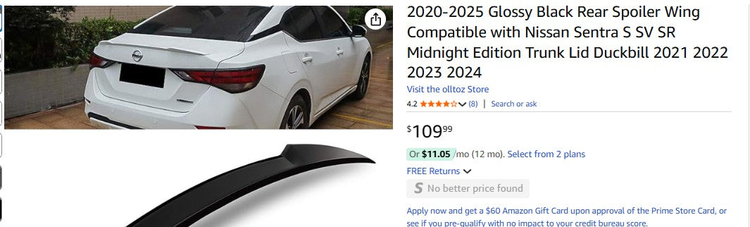 2020-2025 Glossy Black Rear Spoiler Wing Compatible with Nissan Sentra