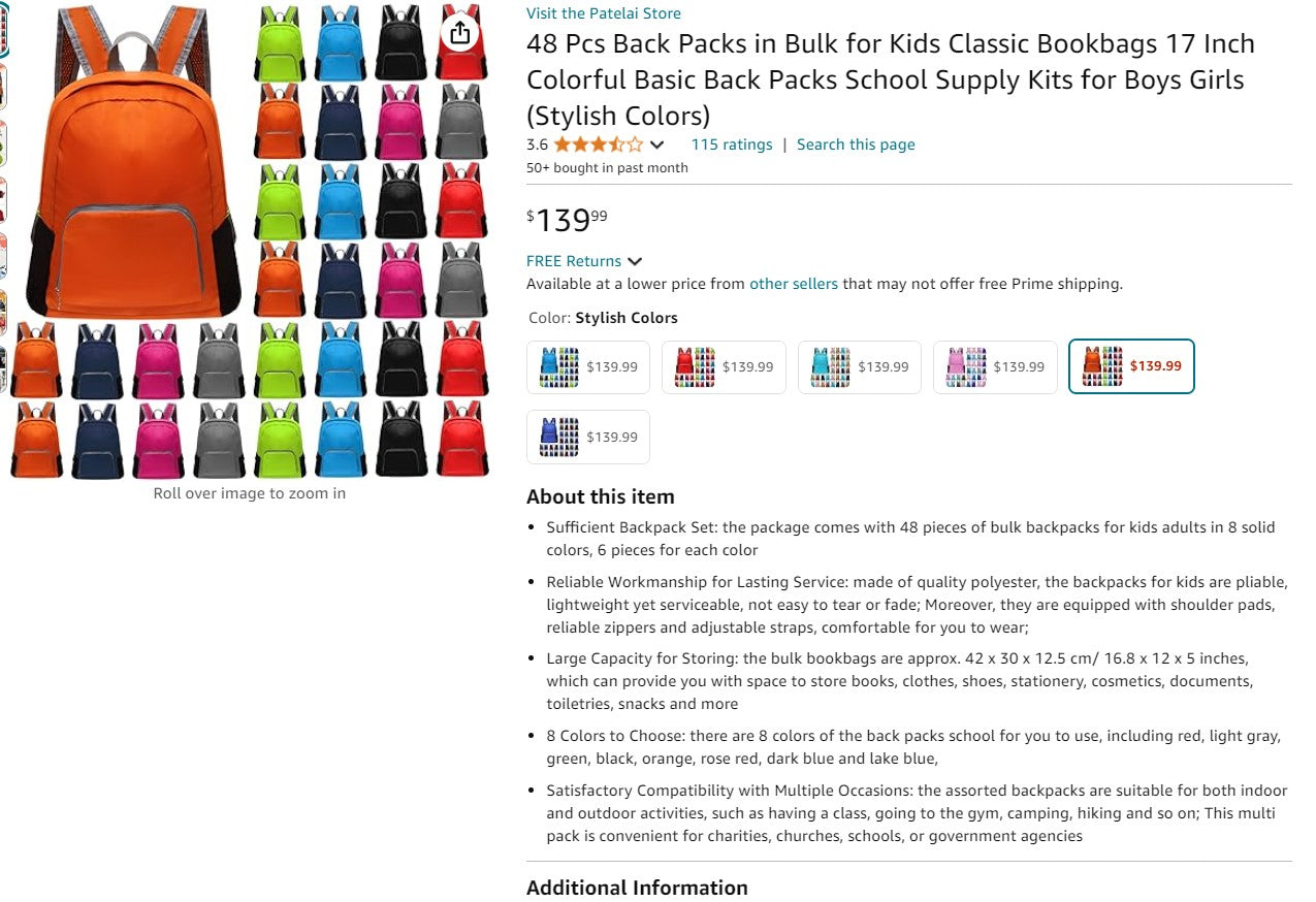 47 Pcs Backpacks in Bulk for Kids Classic Bookbag's' 17 Inch Colorful Basic Backpacks