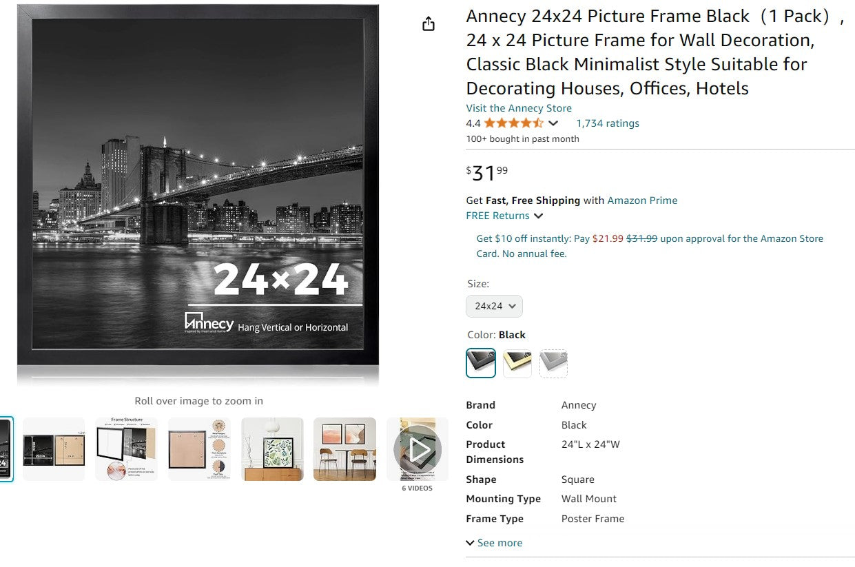 Annecy 24x24 Picture Frame Black, 1 Pack, 24 x 24 Picture Frame for Wall Decoration