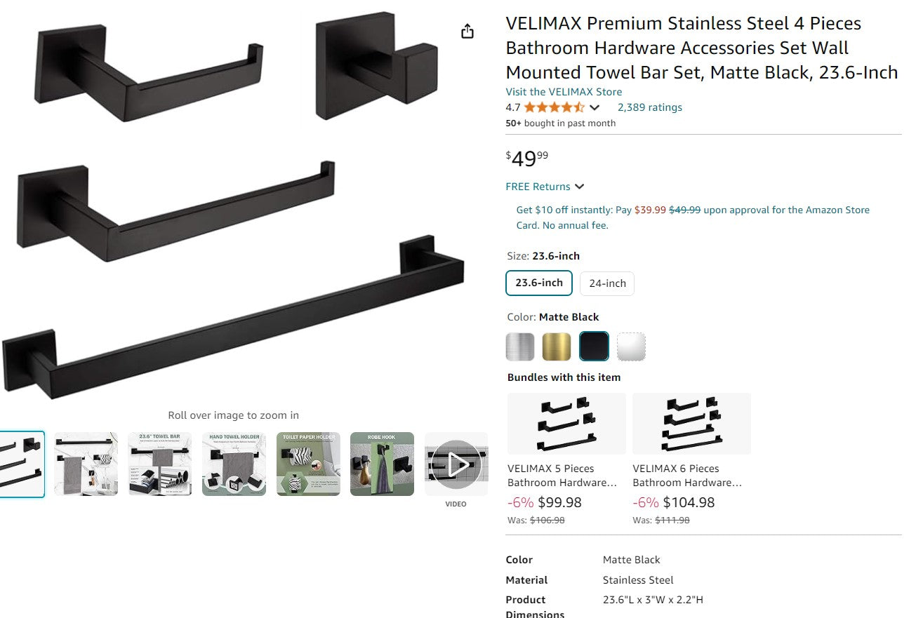 VELIMAX Premium Stainless Steel 4 Pieces Bathroom Hardware Accessories Set