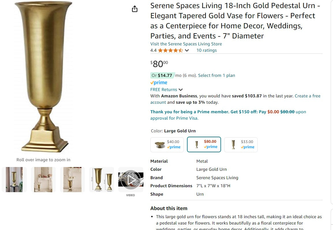 Serene Spaces Living 18-Inch Gold Pedestal Urn - Elegant Tapered Gold Vase for Flowers