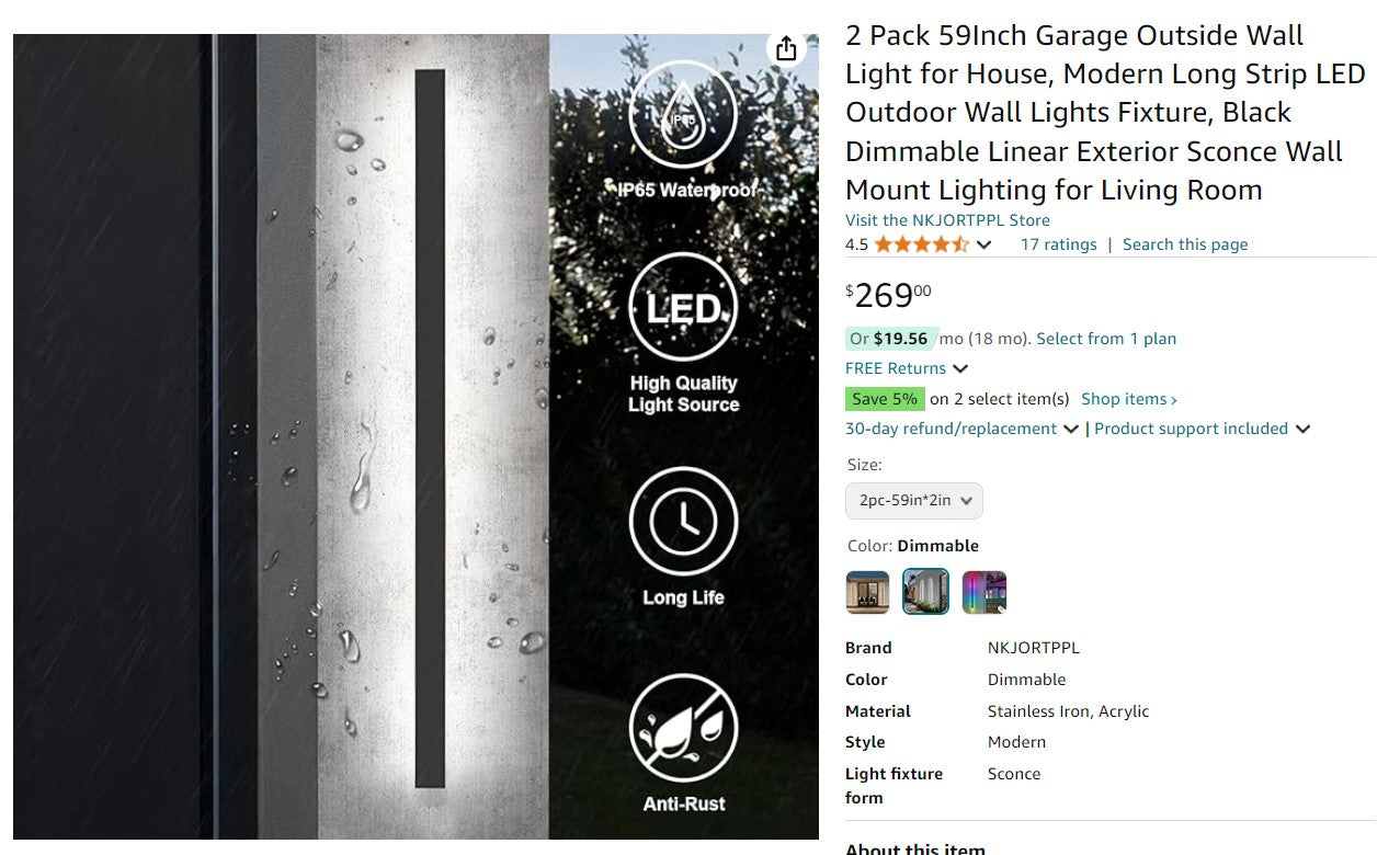 2 Pack 59 Inch Garage Outside Wall Light for House, Modern Long Strip LED Outdoor Wall Lights