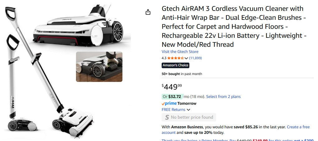 Gtech AirRAM 3 Cordless Vacuum Cleaner with Anti-Hair Wrap Bar - Dual Edge-Clean Brushes