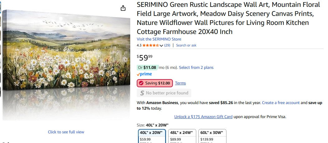 SERIMINO Green Rustic Landscape Wall Art, Mountain Floral Field Large Artwork