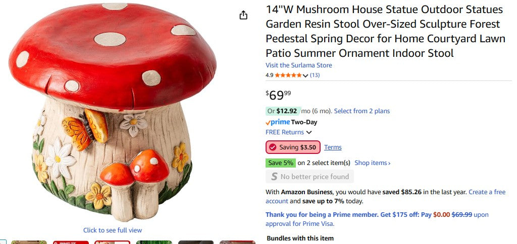 14''W Mushroom House Statue Outdoor Statues Garden Resin Stool Over-Sized Sculpture