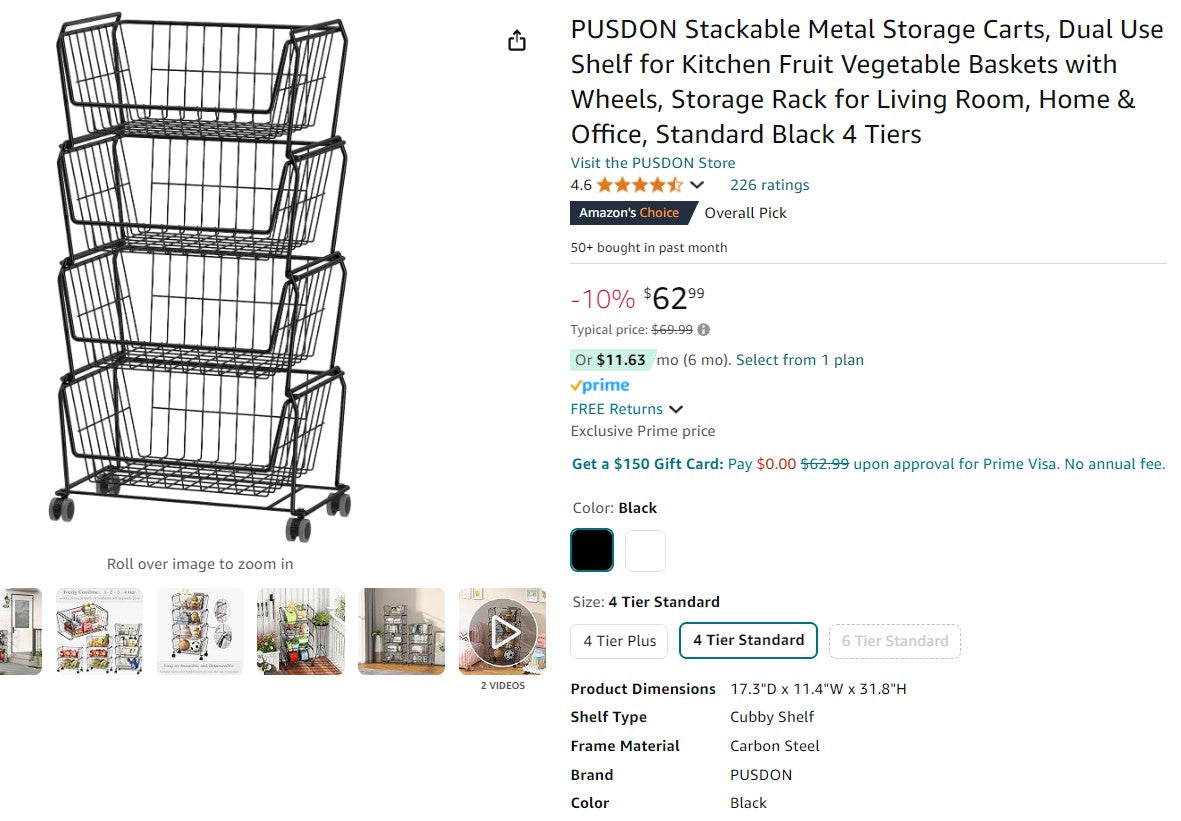 PUSDON Stackable Metal Storage Carts, Dual Use Shelf for Kitchen Fruit Vegetable Baskets