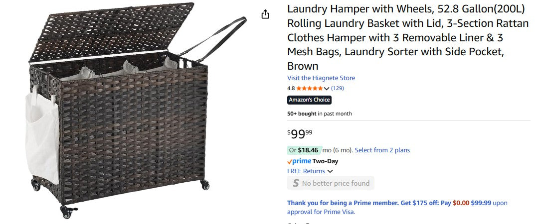 Laundry Hamper with Wheels, 52.8 Gallon(200L) Rolling Laundry Basket with Lid, 3-Section Rattan