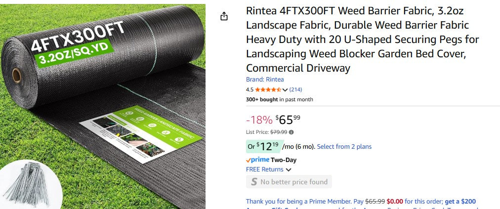 Rintea 4FTX300FT Weed Barrier Fabric, 3.2oz Landscape Fabric, Durable Weed Barrier Fabric