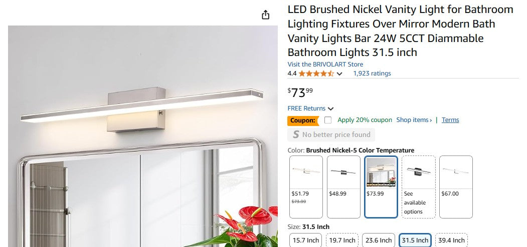 LED Brushed Nickel Vanity Light for Bathroom Lighting Fixtures Over Mirror