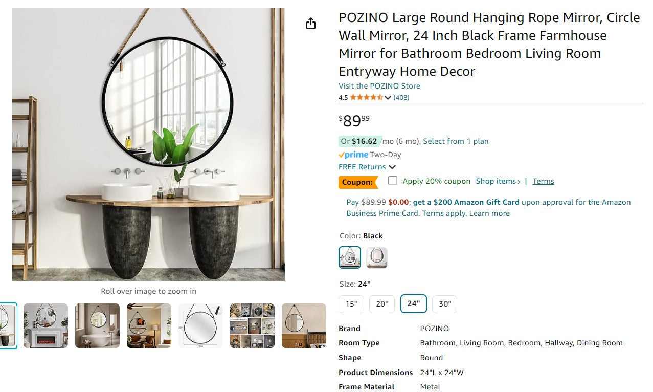 POZINO Large Round Hanging Rope Mirror, Circle Wall Mirror, 24 Inch Black Frame