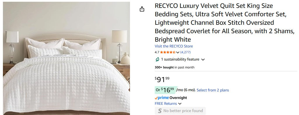 RECYCO Luxury Velvet Quilt Set King Size Bedding Sets, Ultra Soft Velvet Comforter Set