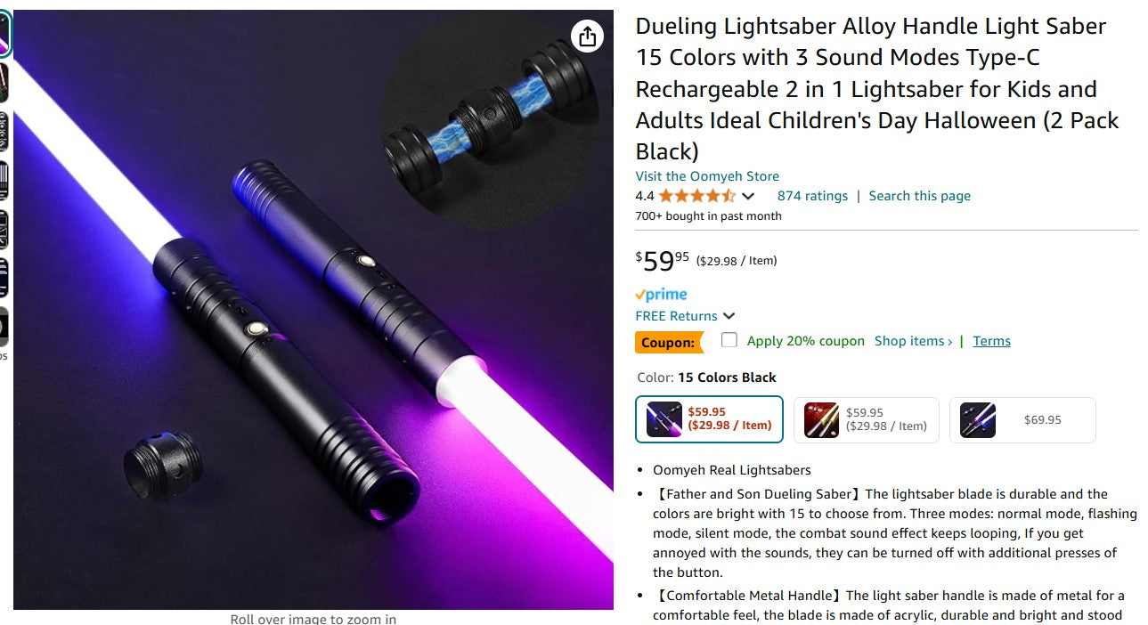 Dueling Lightsaber Alloy Handle Light Saber 15 Colors with 3 Sound Modes