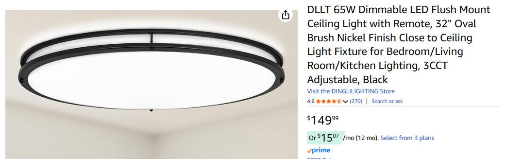 DLLT 65W Dimmable LED Flush Mount Ceiling Light with Remote, 32" Oval Brush Nickel