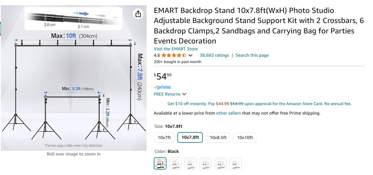 EMART Backdrop Stand 10x7.8ft(WxH) Photo Studio Adjustable Background Stand Support Kit