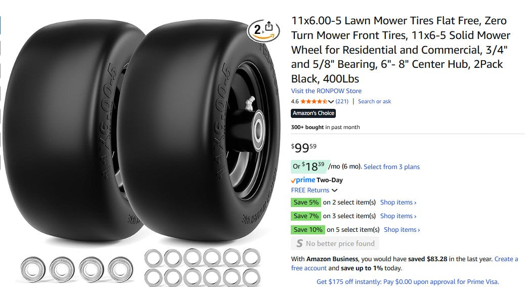 11x6.00-5 Lawn Mower Tires Flat Free, Zero Turn Mower Front Tires