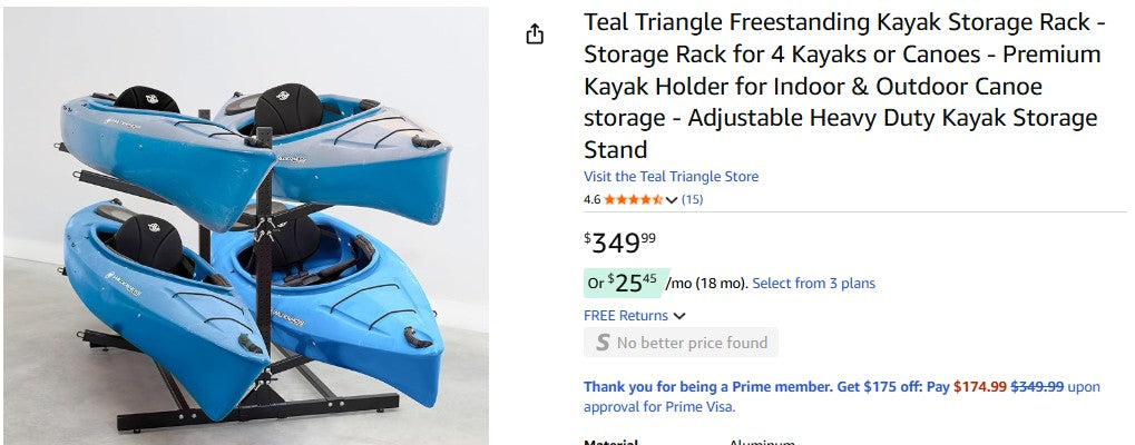 Teal Triangle Freestanding Kayak Storage Rack - Storage Rack for 4 Kayaks or Canoes