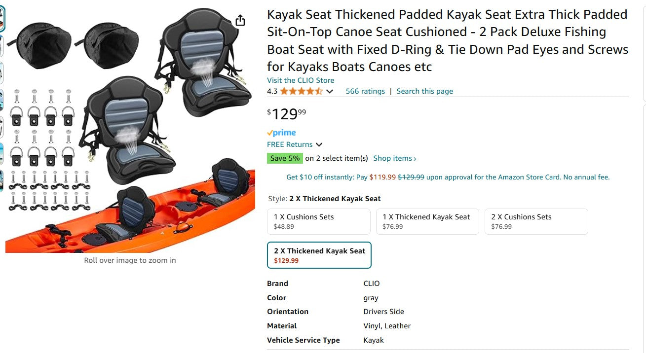 Kayak Seat Thickened Padded Kayak Seat Extra Thick Padded Sit-On-Top Canoe Seat Cushioned - 2 Pack