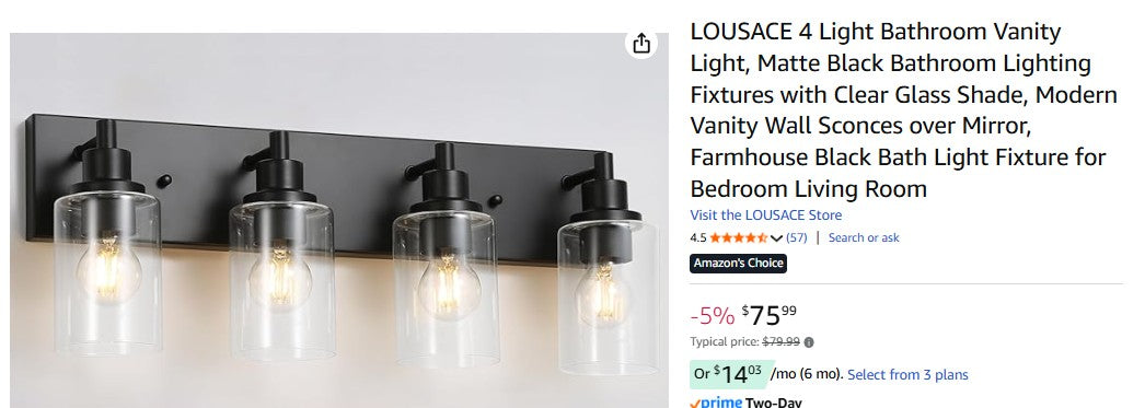 LOUSACE 4 Light Bathroom Vanity Light, Matte Black Bathroom Lighting Fixture