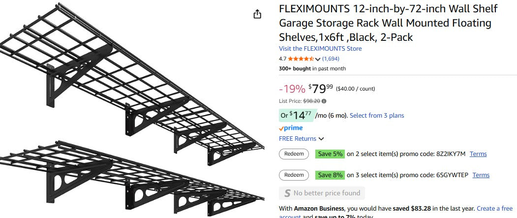 FLEXIMOUNTS 12-inch-by-72-inch Wall Shelf Garage Storage Rack 1x6ft ,Black, 2-Pack