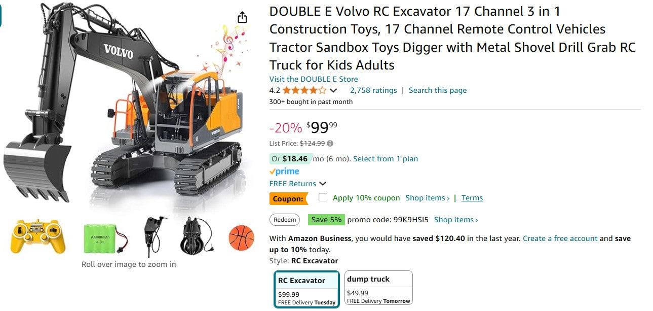 DOUBLE E Volvo RC Excavator 17 Channel 3 in 1 Construction Toys