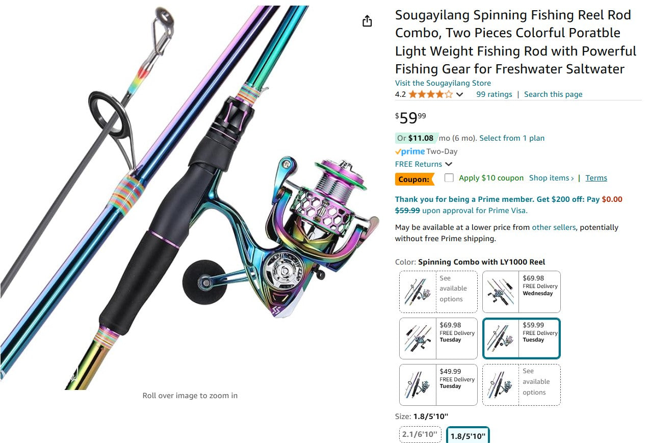 Sougayilang Spinning Fishing Reel Rod Combo, Two Pieces Colorful Portable Light Weight