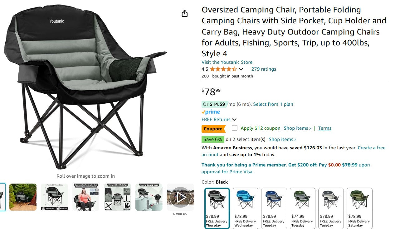 Oversized Camping Chair, Portable Folding Camping Chairs with Side Pocket