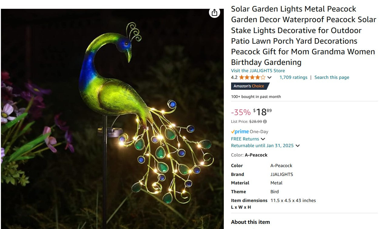 Solar Garden Lights Metal Peacock Garden Decor Waterproof Peacock Solar Stake