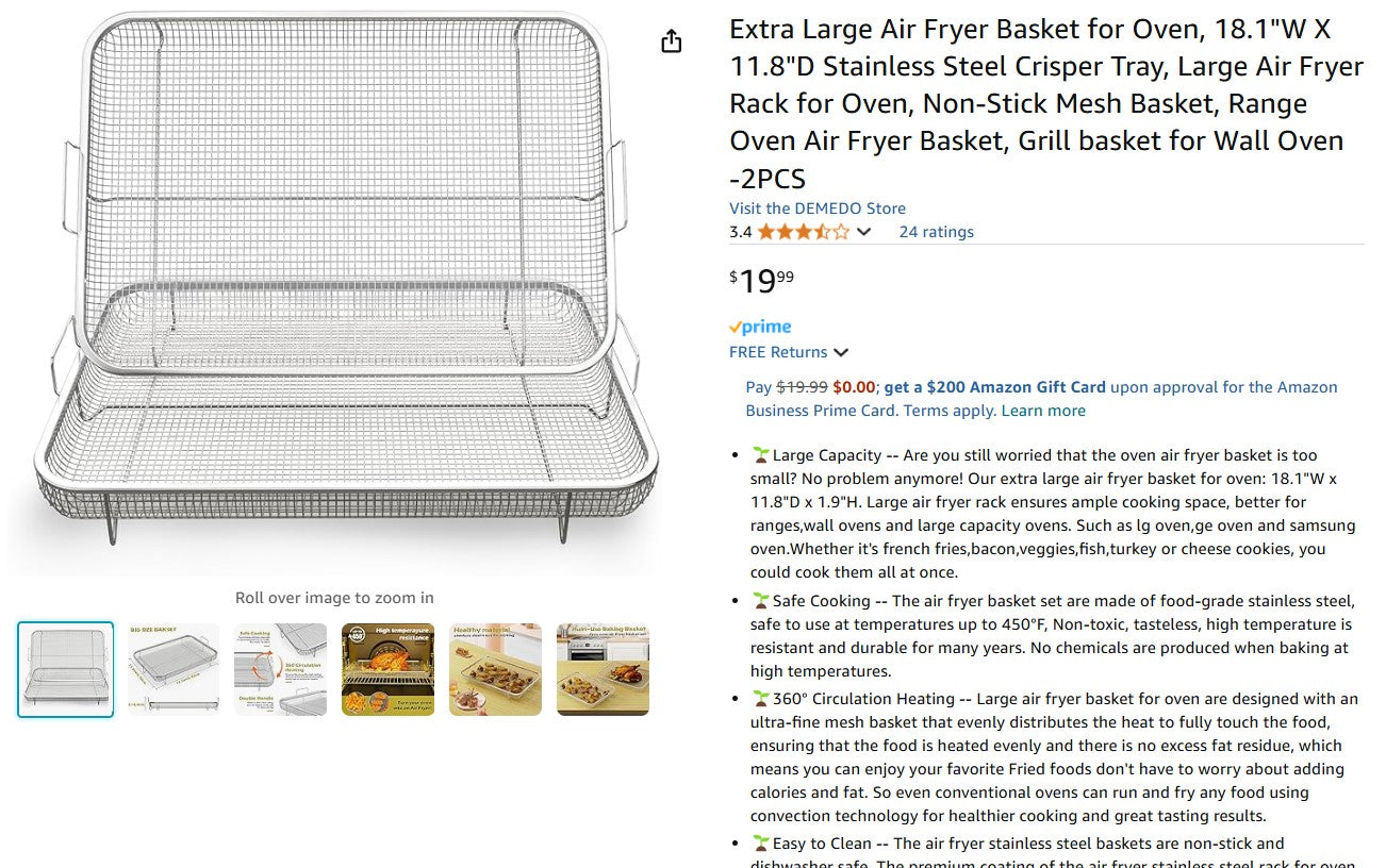 Extra Large Air Fryer Basket for Oven, 18.1"W X 11.8"D Stainless Steel Crisper Tray