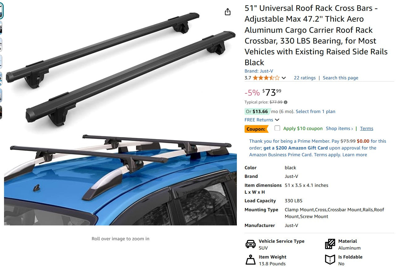 51" Universal Roof Rack Cross Bars - Adjustable Max 47.2''