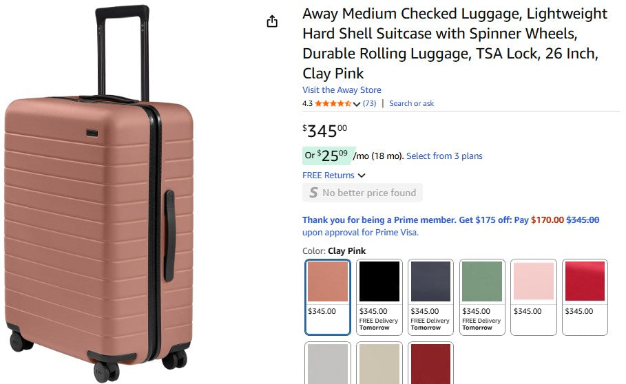 Away Medium Checked Luggage, Lightweight Hard Shell Suitcase 26 Inch, Clay Pink