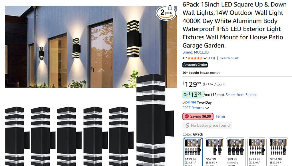 6Pack 15inch LED Square Up & Down Wall Lights,14W Outdoor Wall Light 4000K