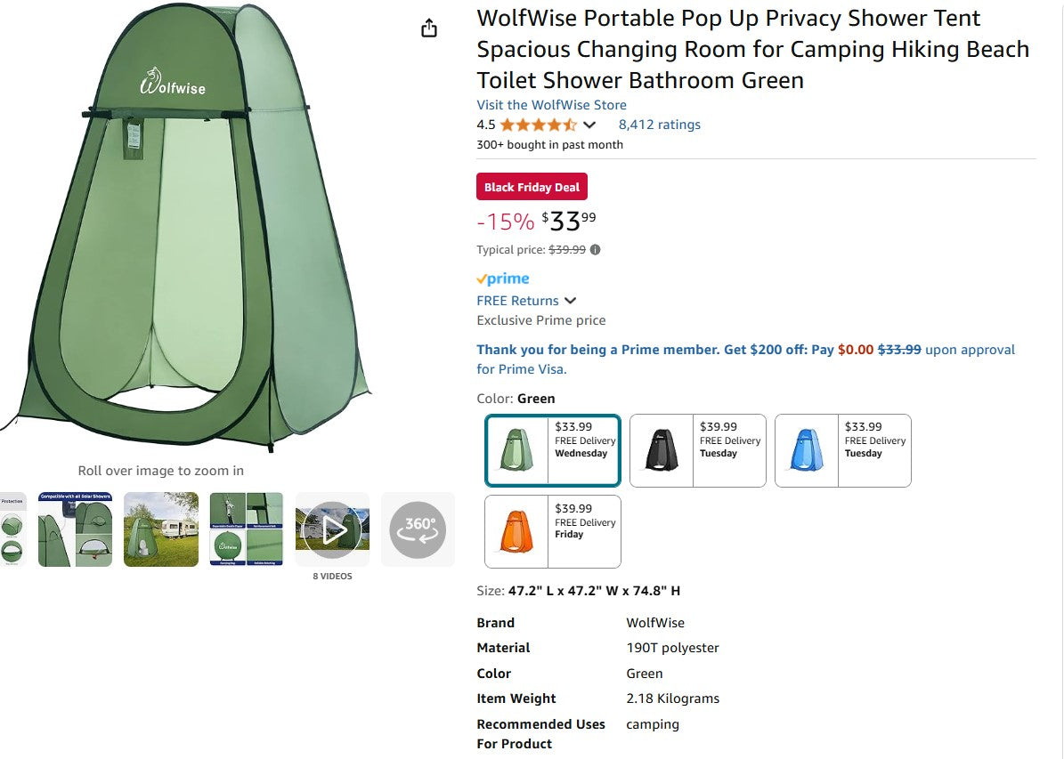 WolfWise Portable Pop Up Privacy Shower Tent Spacious Changing Room