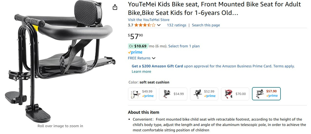 YouTeMei Kids Bike seat, Front Mounted Bike Seat for Adult Bike