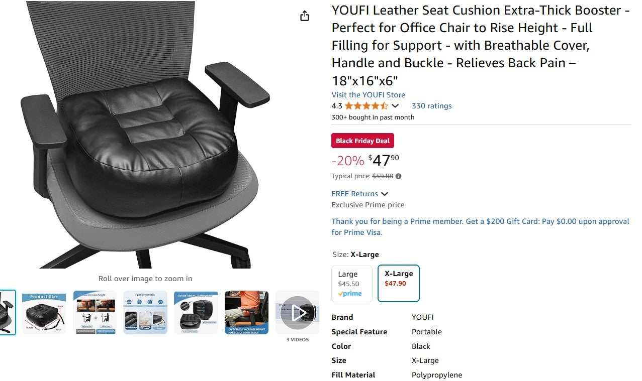 YOUFI Leather Seat Cushion Extra-Thick Booster - Perfect for Office Chair