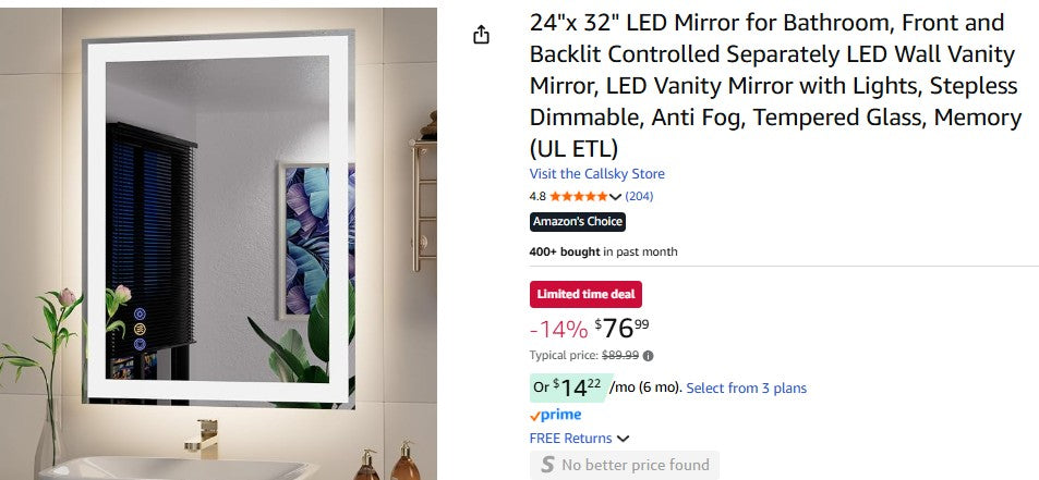 24"x 32" LED Mirror for Bathroom, Front and Backlit Controlled Separately LED Wall Vanity Mirror