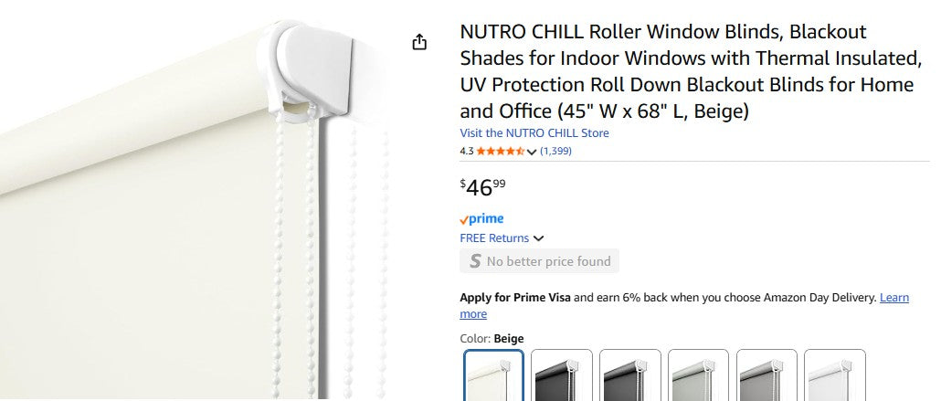 NUTRO CHILL Roller Window Blinds, Blackout Shades for Indoor Windows with Thermal Insulated,