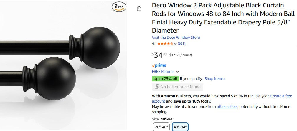 Deco Window 2 Pack Adjustable Black Curtain Rods for Windows 48 to 84 Inch with Modern Ball
