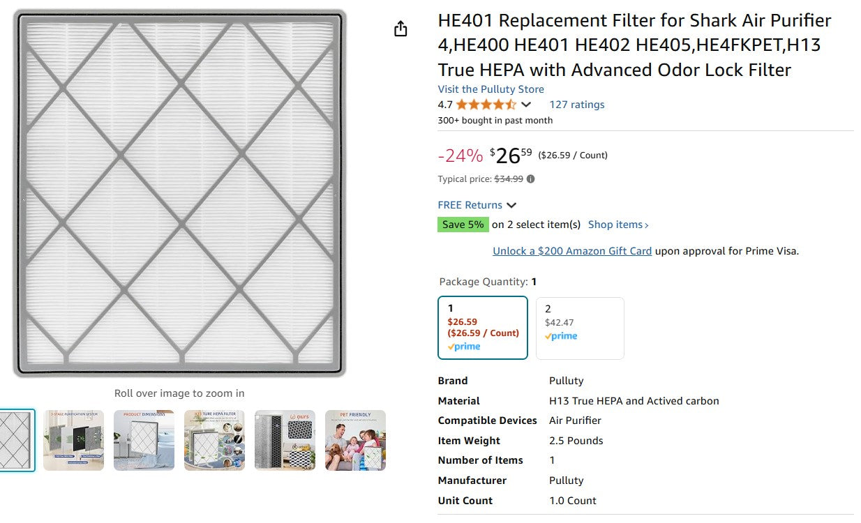 HE401 Replacement Filter for Shark Air Purifier 4