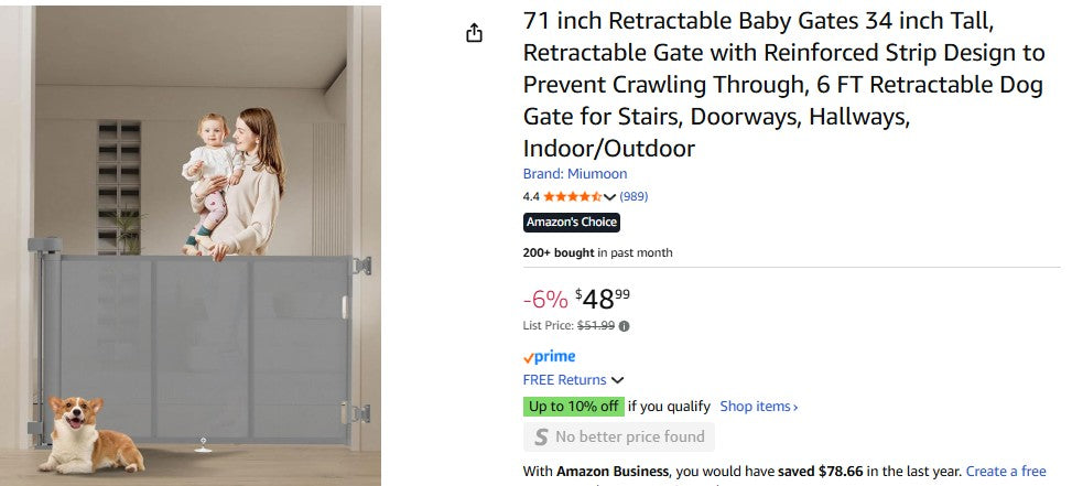 71 inch Retractable Baby Gates 34 inch Tall, Retractable Gate with Reinforced Strip