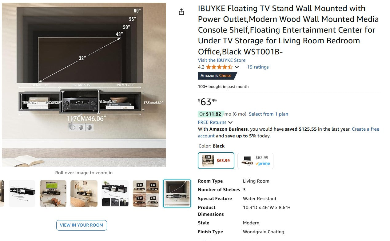 IBUYKE Floating TV Stand Wall Mounted with Power Outlet,Modern Wood Wall Mounted Media Shelf