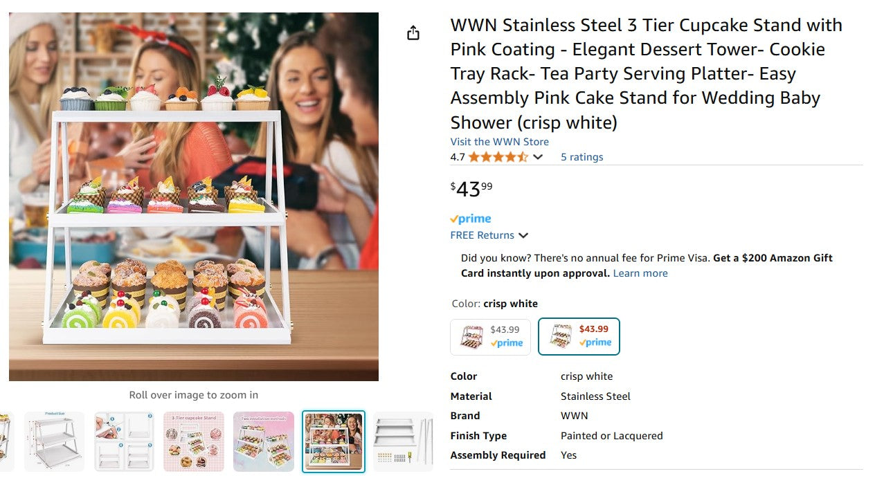 WWN Stainless Steel 3 Tier Cupcake Stand with White Coating - Elegant Dessert Tower