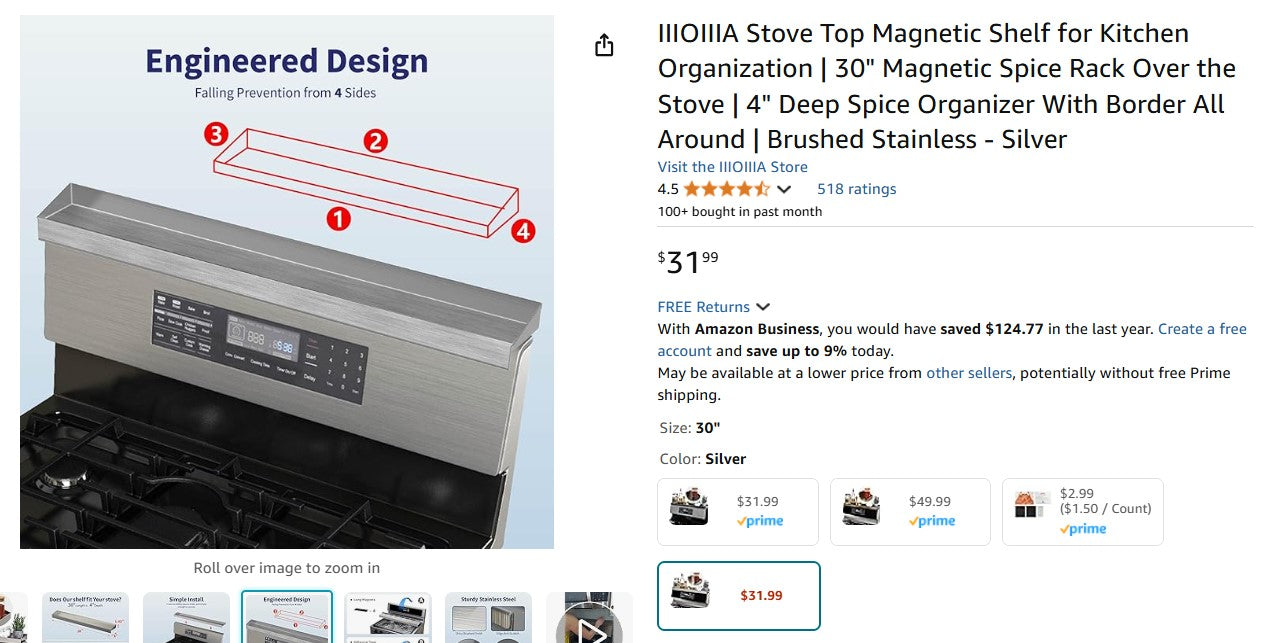 IIIOIIIA Stove Top Magnetic Shelf for Kitchen Organization | 30" Magnetic Spice Rack