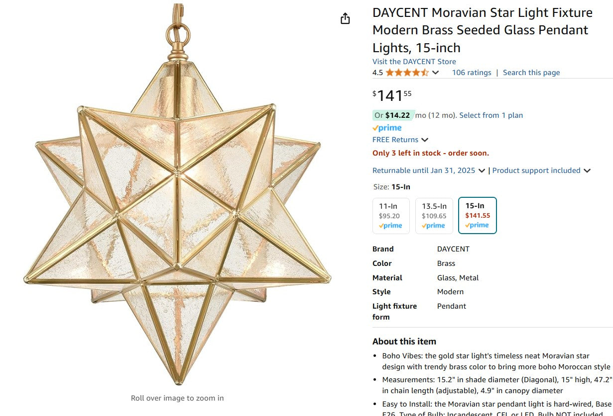 DAYCENT Moravian Star Light Fixture Modern Brass Seeded Glass Pendant