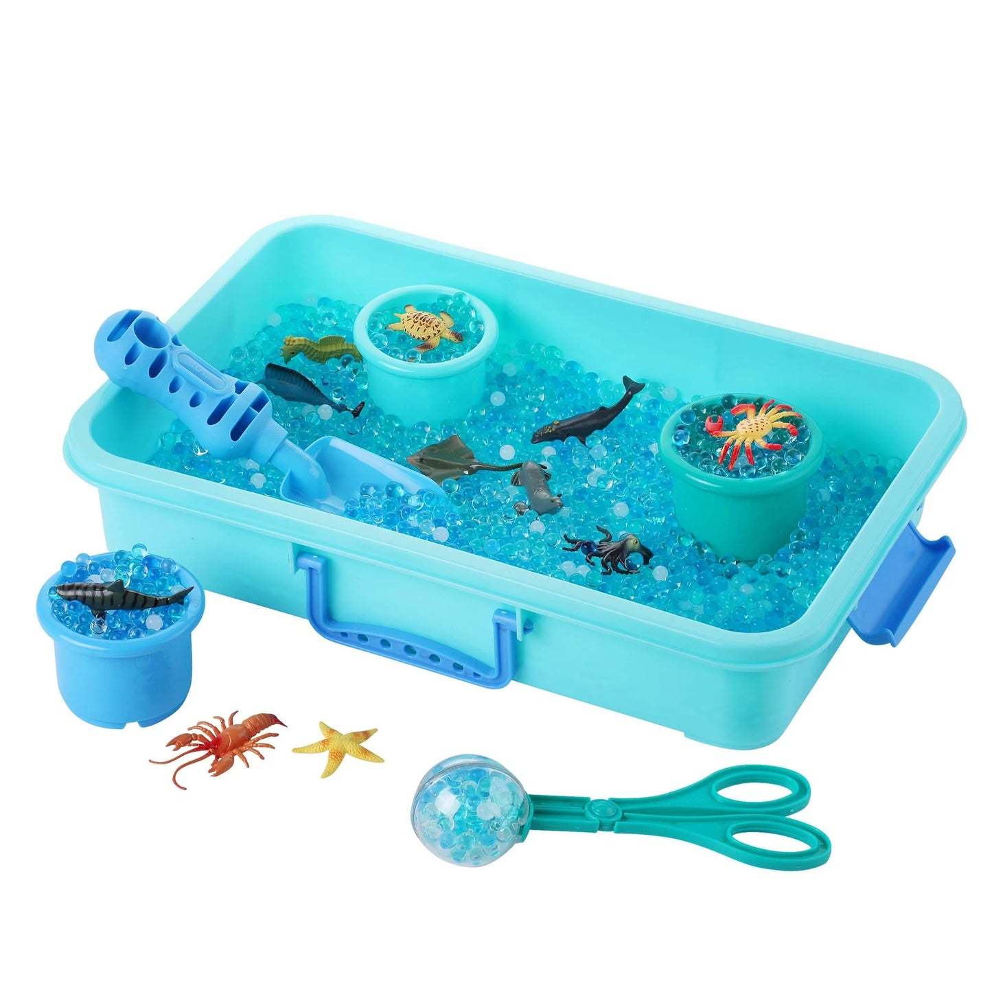 a blue plastic sand and water play set