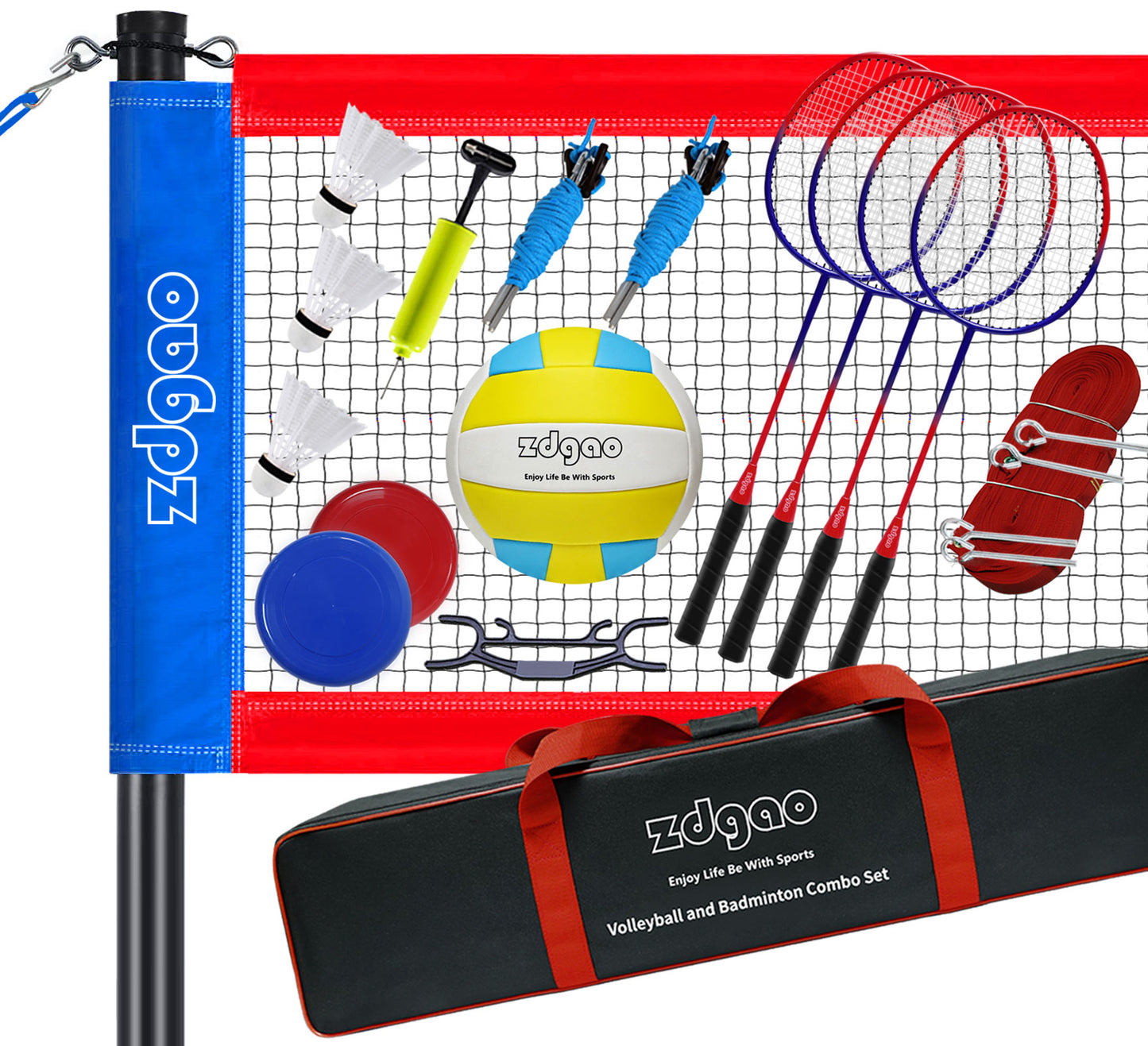 Zdgao Volleyball and Badminton Net Set with Rackets, Ball, and Flying Discs