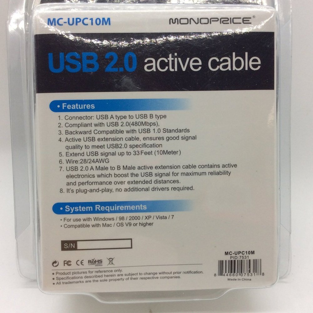 Monoprice USB-A to USB-B 2.0 Cable - Active, 28/24AWG, 33' - T&S Outlets